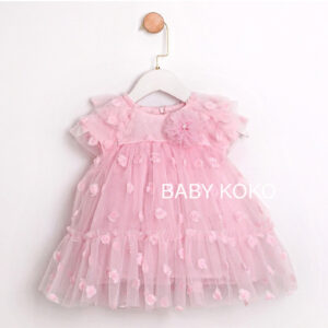 🌸 Ρομαντικό Βρεφικό Φόρεμα Ροζ Τούλι με Ανάγλυφα Λουλούδια