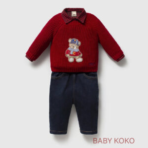 Premium Baby Σετ 3 Τεμαχίων με Πλεκτό Teddy  Πουκάμισο & Denim Παντελόνι